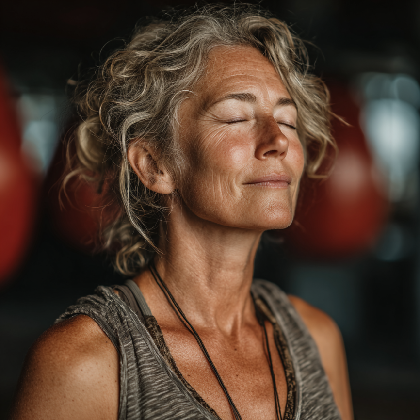 Senior în formă demonstrând o poziție de yoga pe o terasă însorită