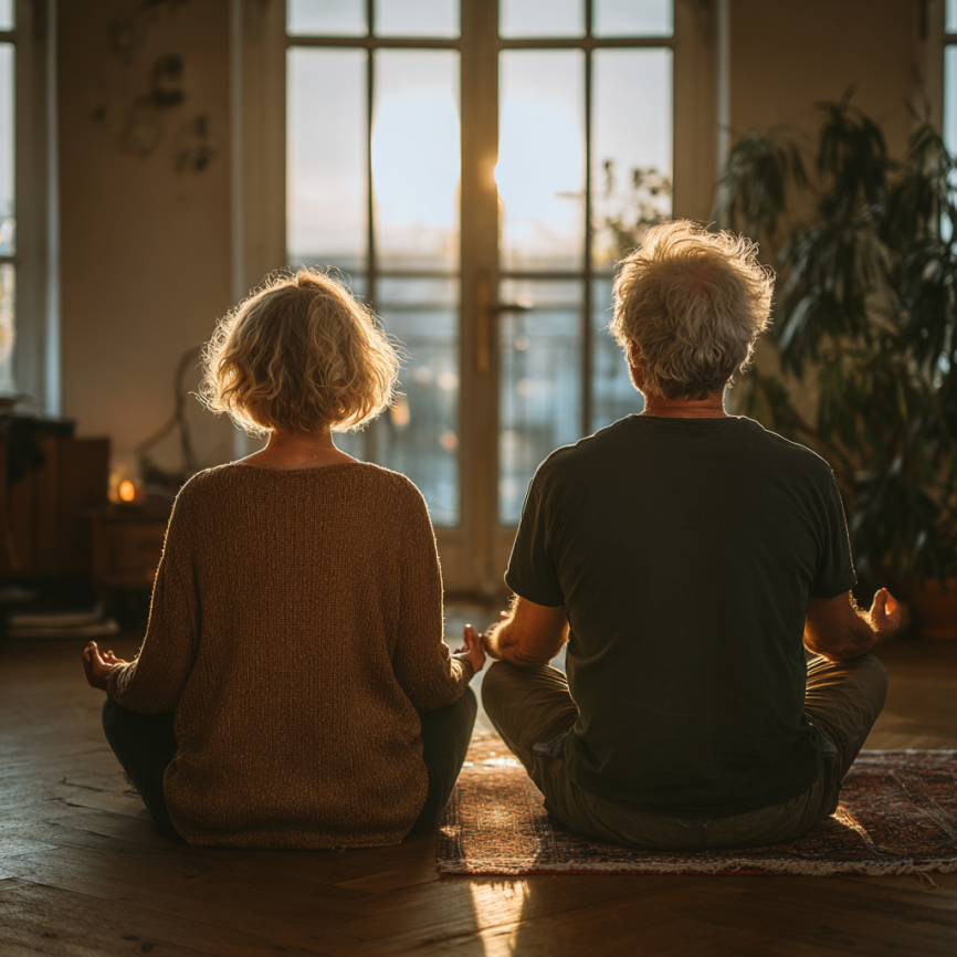 Grup de seniori practicând yoga într-un studio luminous